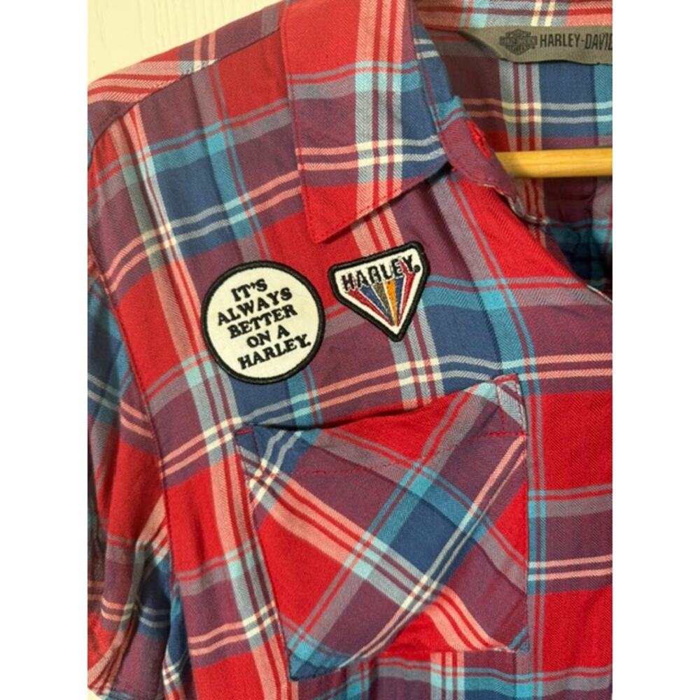 Harley-Davidson red plaid short-sleeve button-up shirt patches embroidered XL - Picture 3 of 7